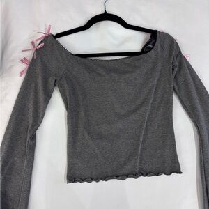 Lush Gray Long Sleeve Top with Pink Ribbon Details